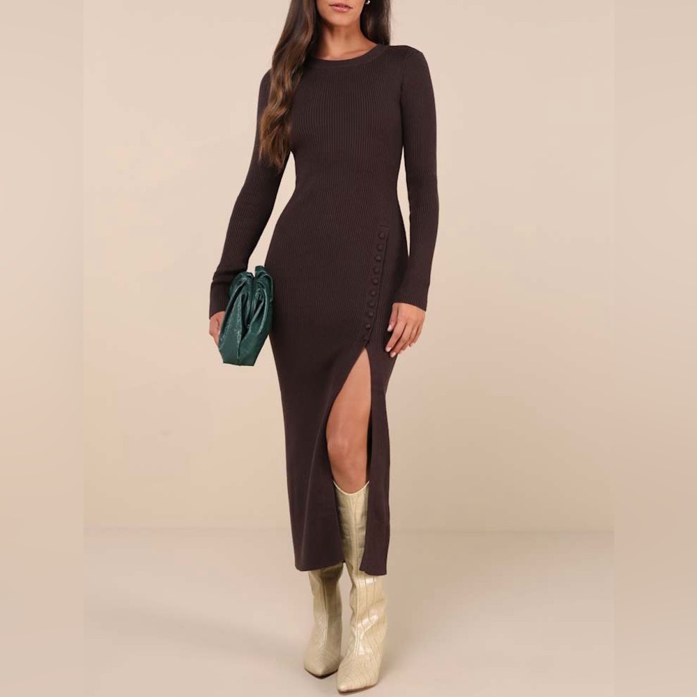 Lulu's Chocolate Brown Ribbed Long Sleeve Midi Dress with Side Slit